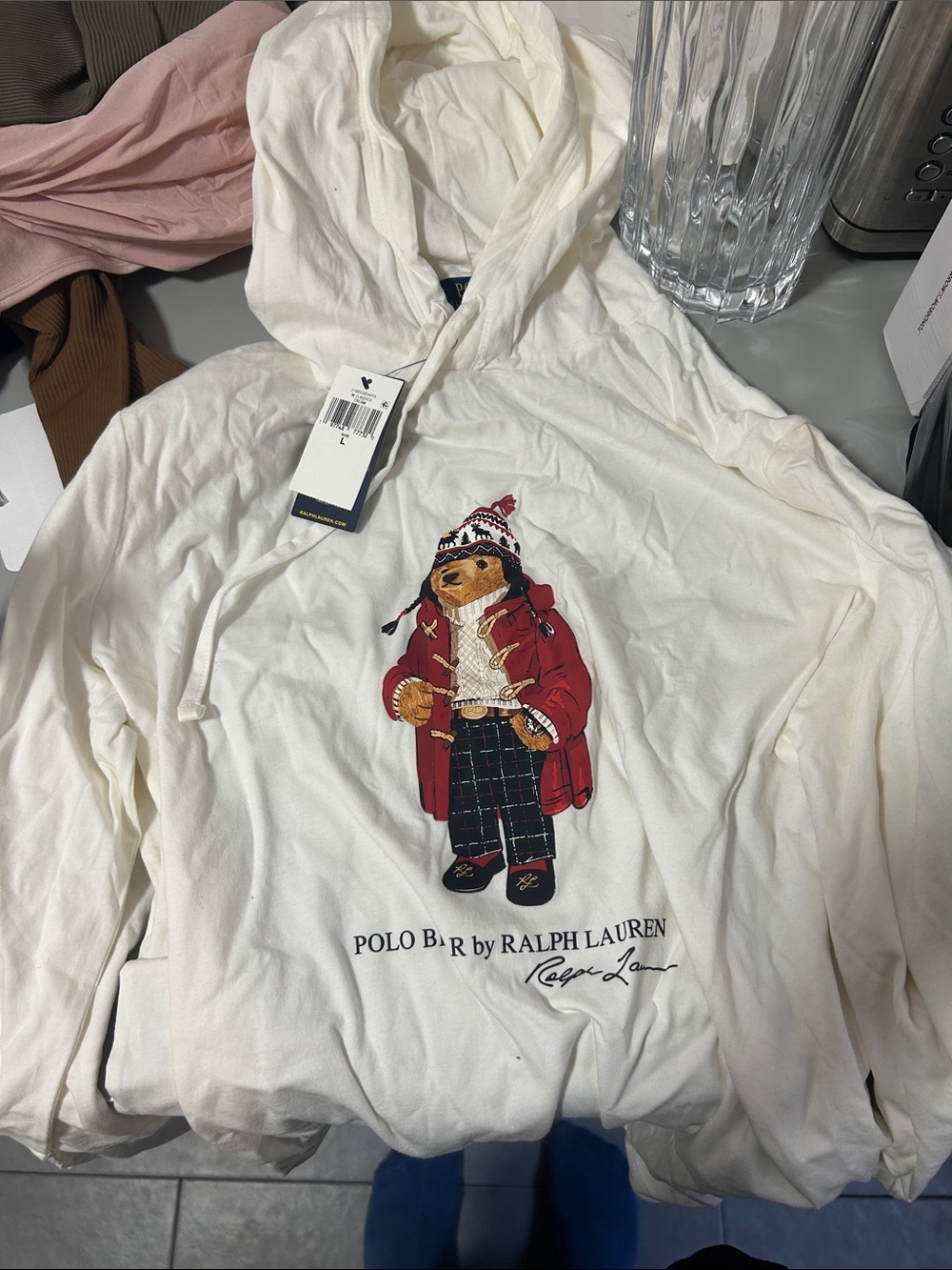 Ralph Lauren Ivory Hoodie with Red Bear Graphic